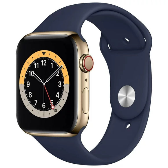 Apple Watch Series 6 44mm (GPS + Cell) Gold Stainless Case w/ Deep Navy Sport Ba
